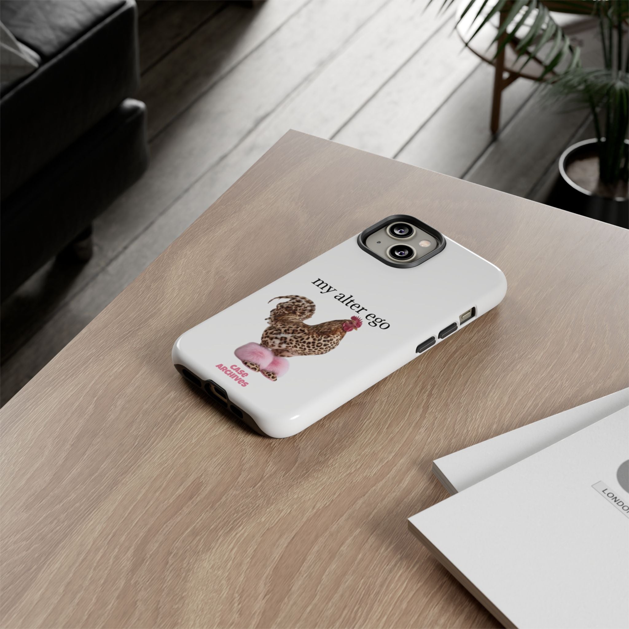 Chicken with style  'My Alter Ego' Tough Phone Case — Funny Leopard Print Rooster on Pink Slippers