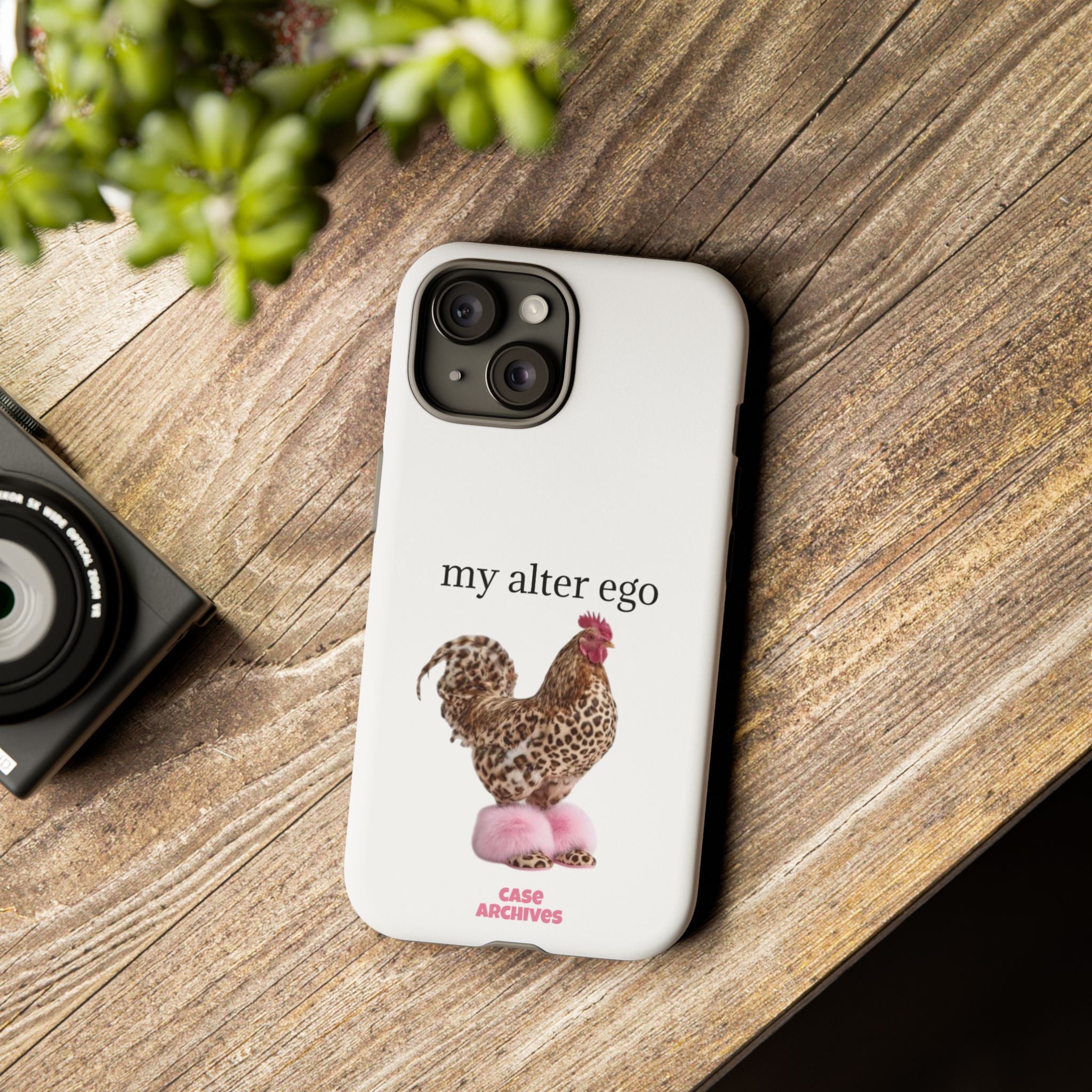 Chicken with style  'My Alter Ego' Tough Phone Case — Funny Leopard Print Rooster on Pink Slippers