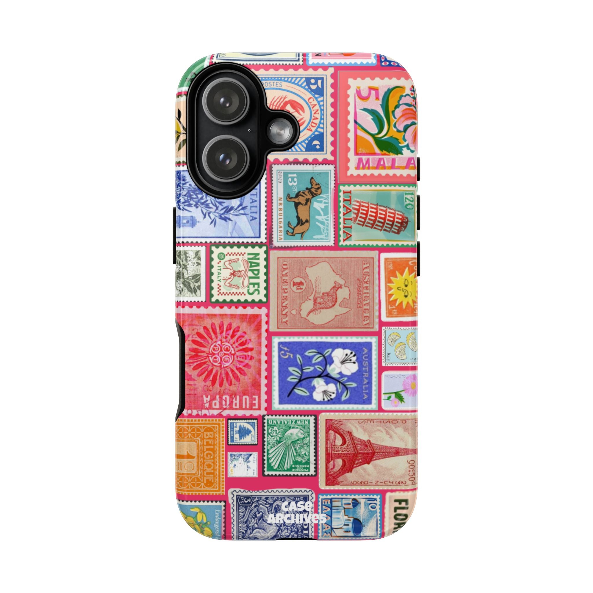 Vintage Stamp Collage Phone Case — Colorful Retro Postage Design