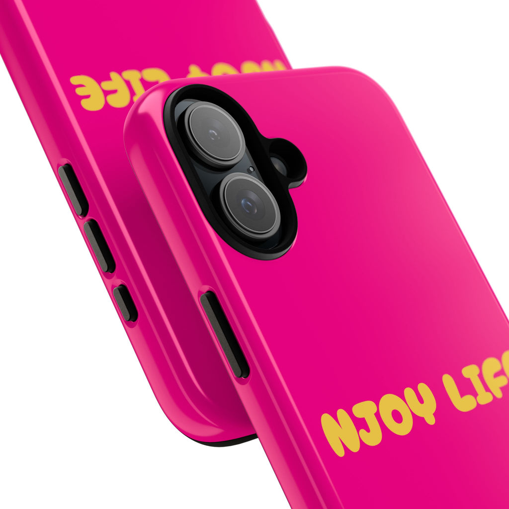 Enjoy Life phone case | tough iPhone case, bright pink, retro yellow text