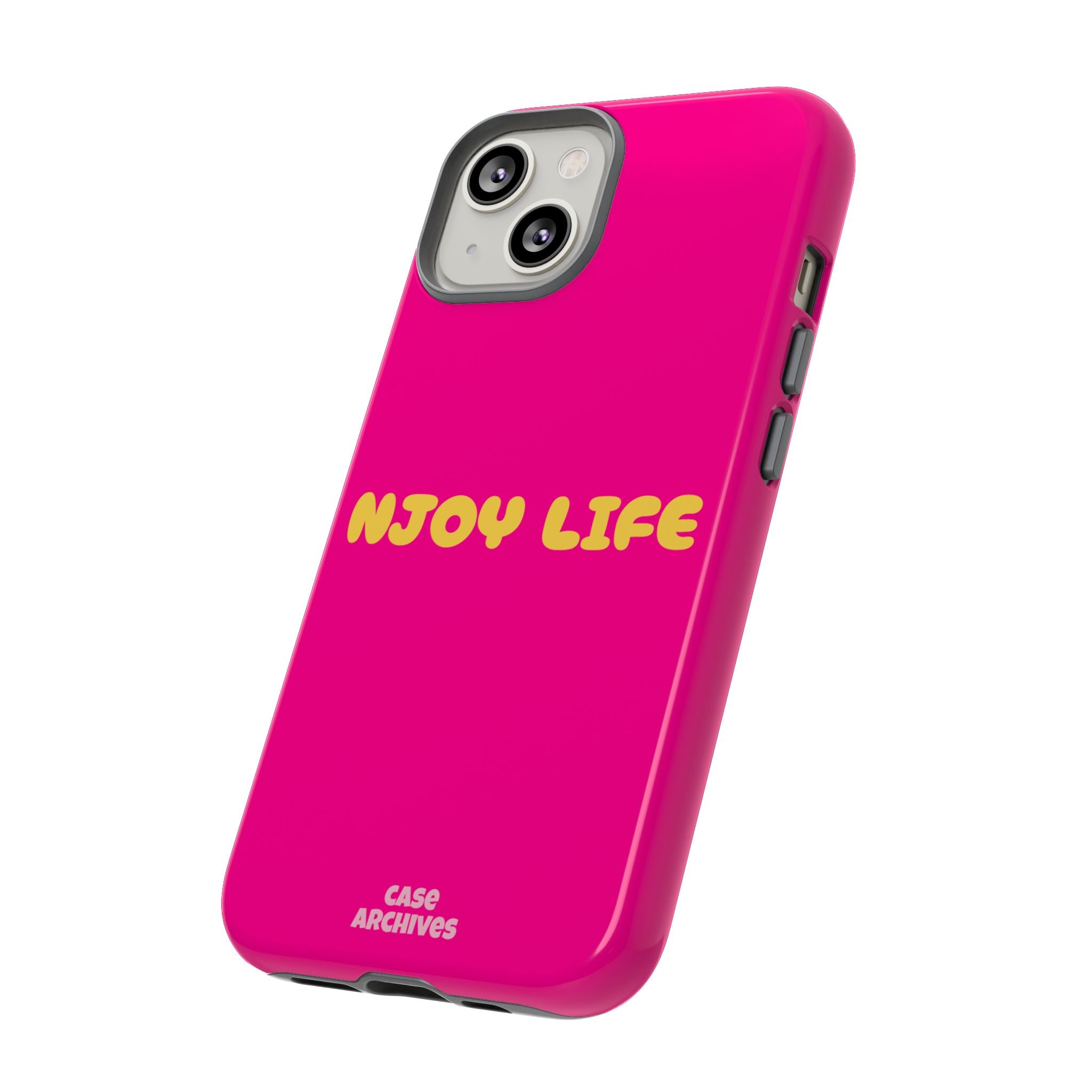 Enjoy Life phone case | tough iPhone case, bright pink, retro yellow text