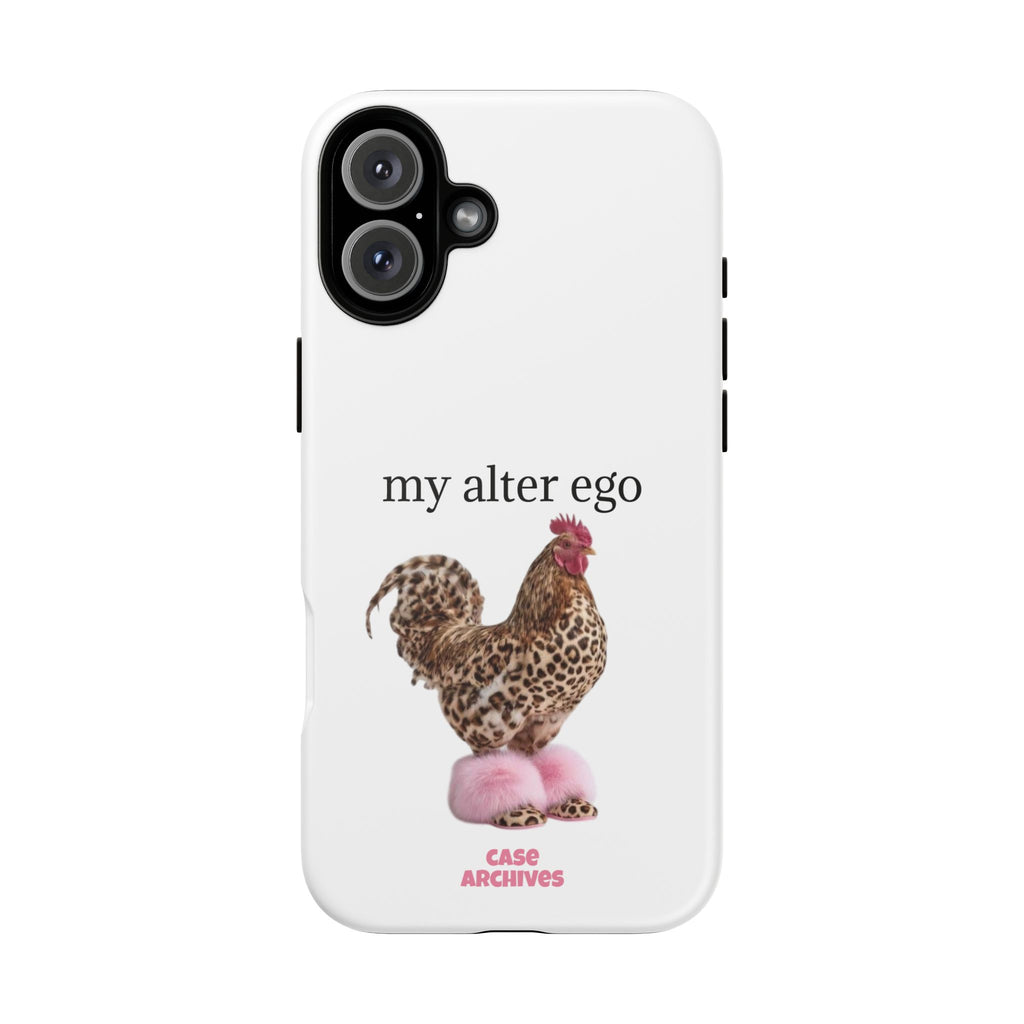Chicken with style  'My Alter Ego' Tough Phone Case — Funny Leopard Print Rooster on Pink Slippers