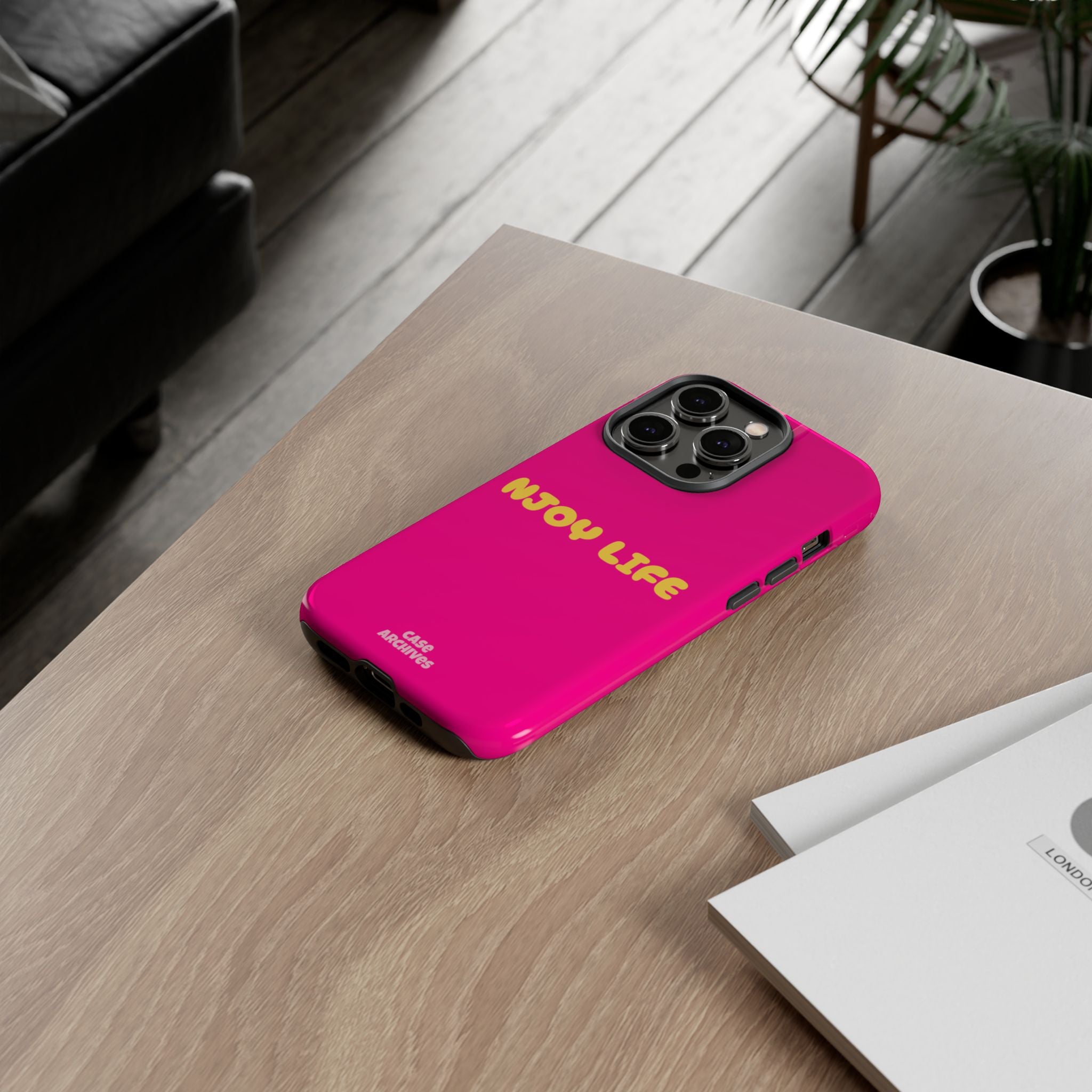 Enjoy Life phone case | tough iPhone case, bright pink, retro yellow text