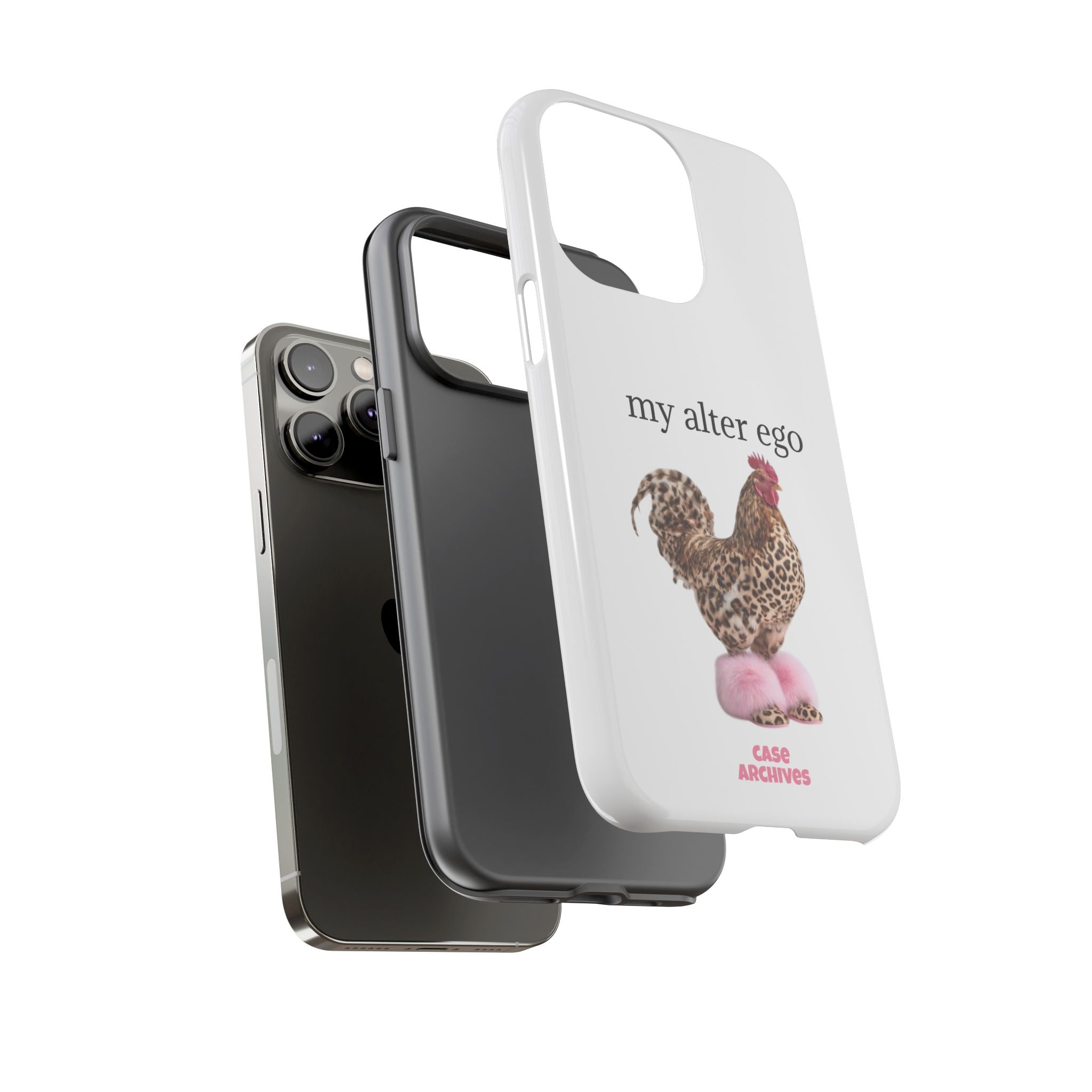 Chicken with style  'My Alter Ego' Tough Phone Case — Funny Leopard Print Rooster on Pink Slippers