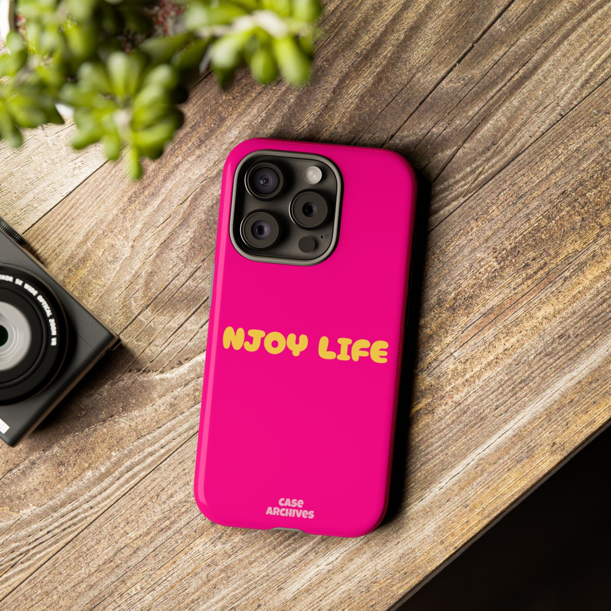 Enjoy Life phone case | tough iPhone case, bright pink, retro yellow text
