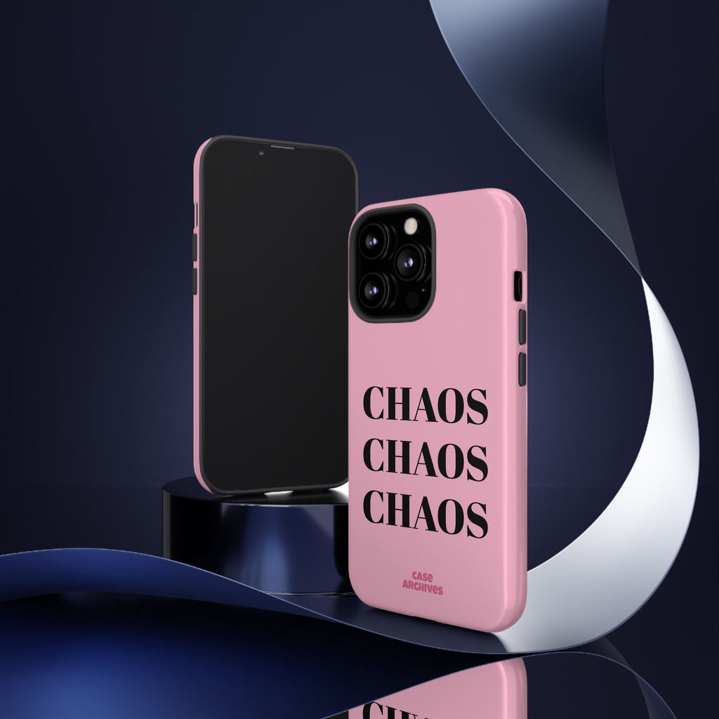 Pink "CHAOS" Phone Case — Bold Text Protective iPhone Cover
