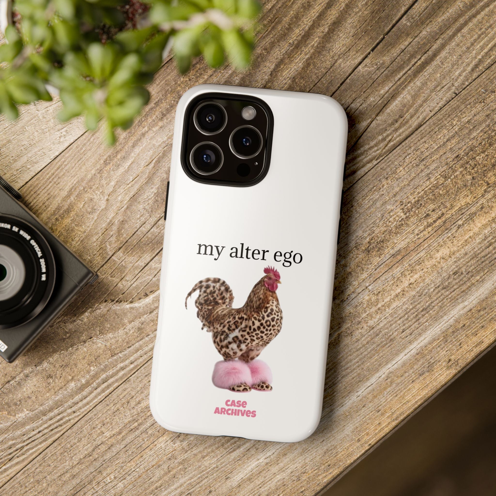 Chicken with style  'My Alter Ego' Tough Phone Case — Funny Leopard Print Rooster on Pink Slippers