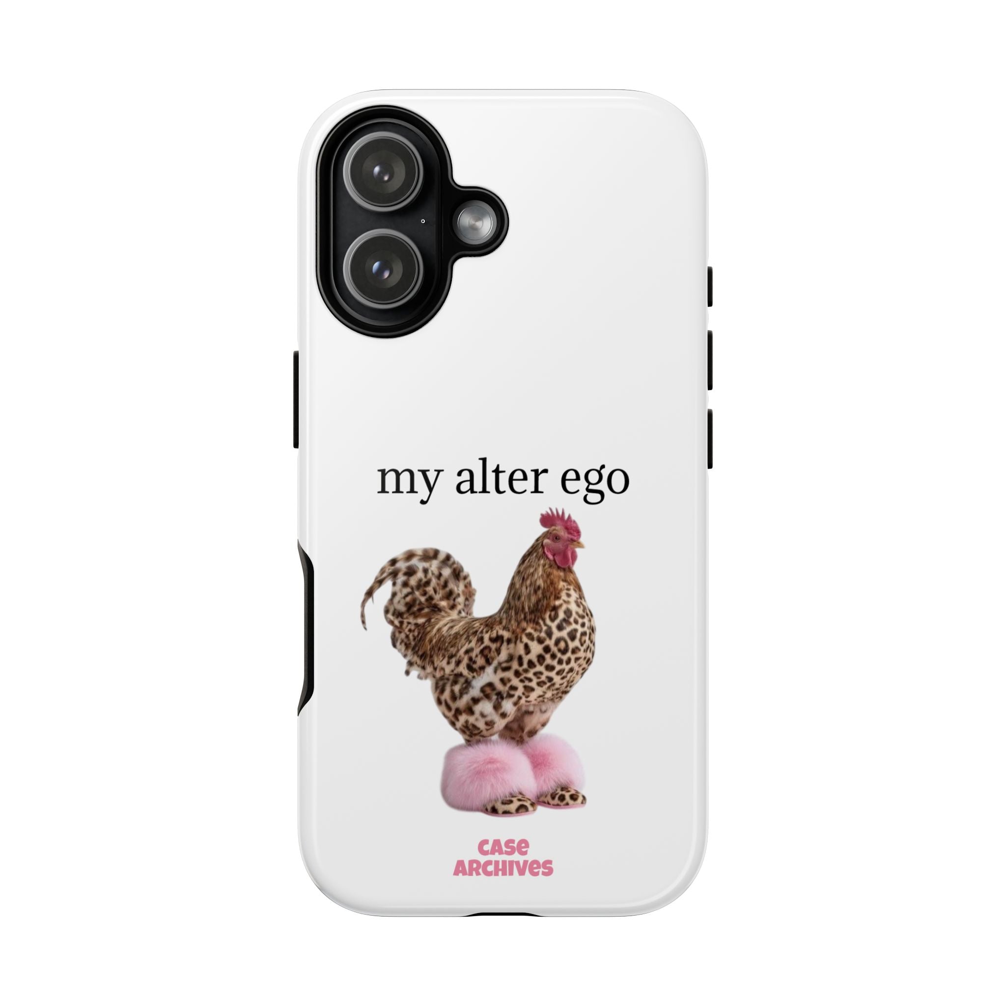 Chicken with style  'My Alter Ego' Tough Phone Case — Funny Leopard Print Rooster on Pink Slippers