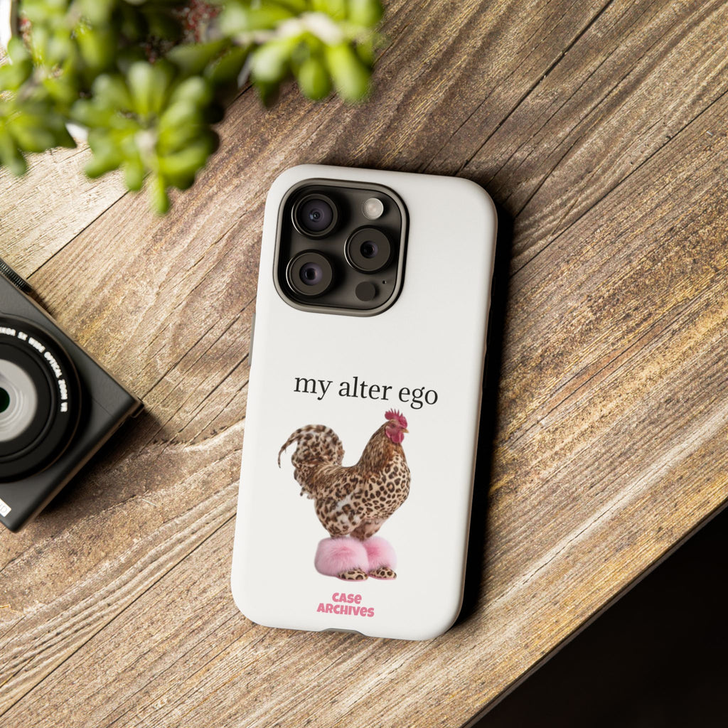 Chicken with style  'My Alter Ego' Tough Phone Case — Funny Leopard Print Rooster on Pink Slippers