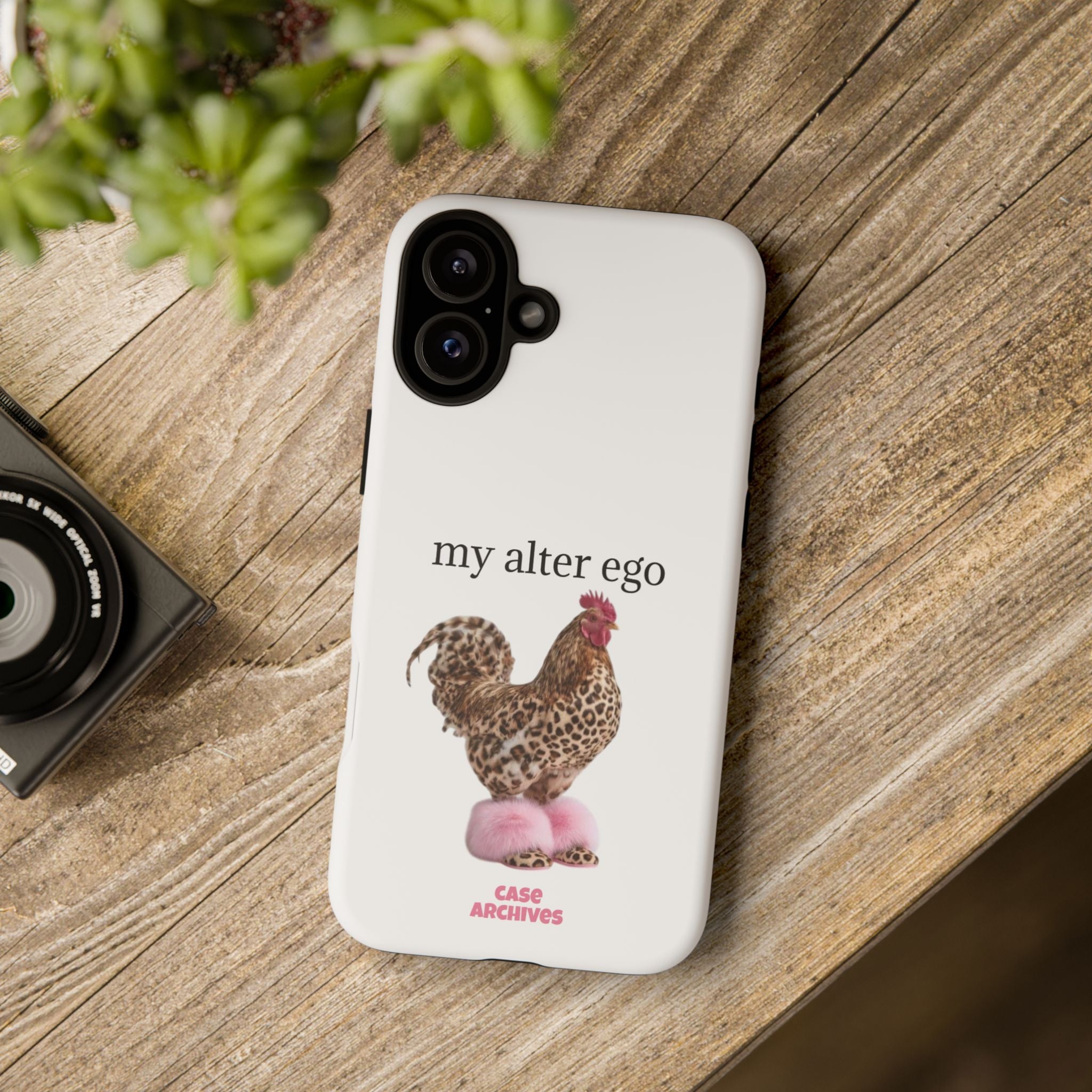 Chicken with style  'My Alter Ego' Tough Phone Case — Funny Leopard Print Rooster on Pink Slippers