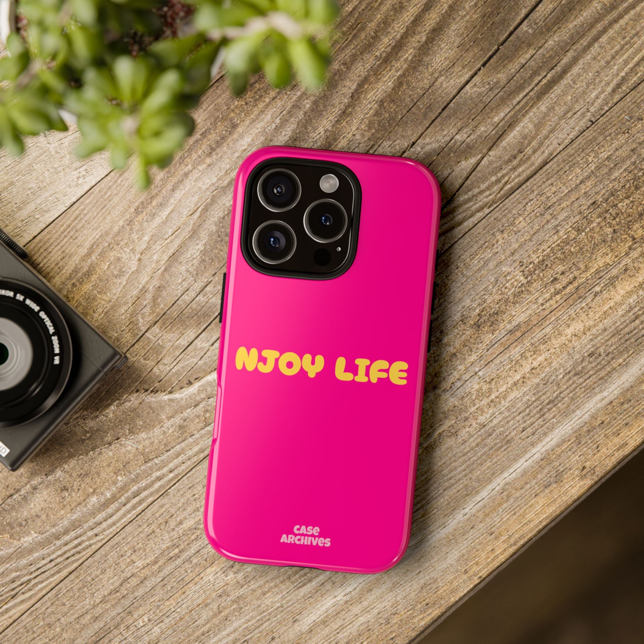 Enjoy Life phone case | tough iPhone case, bright pink, retro yellow text