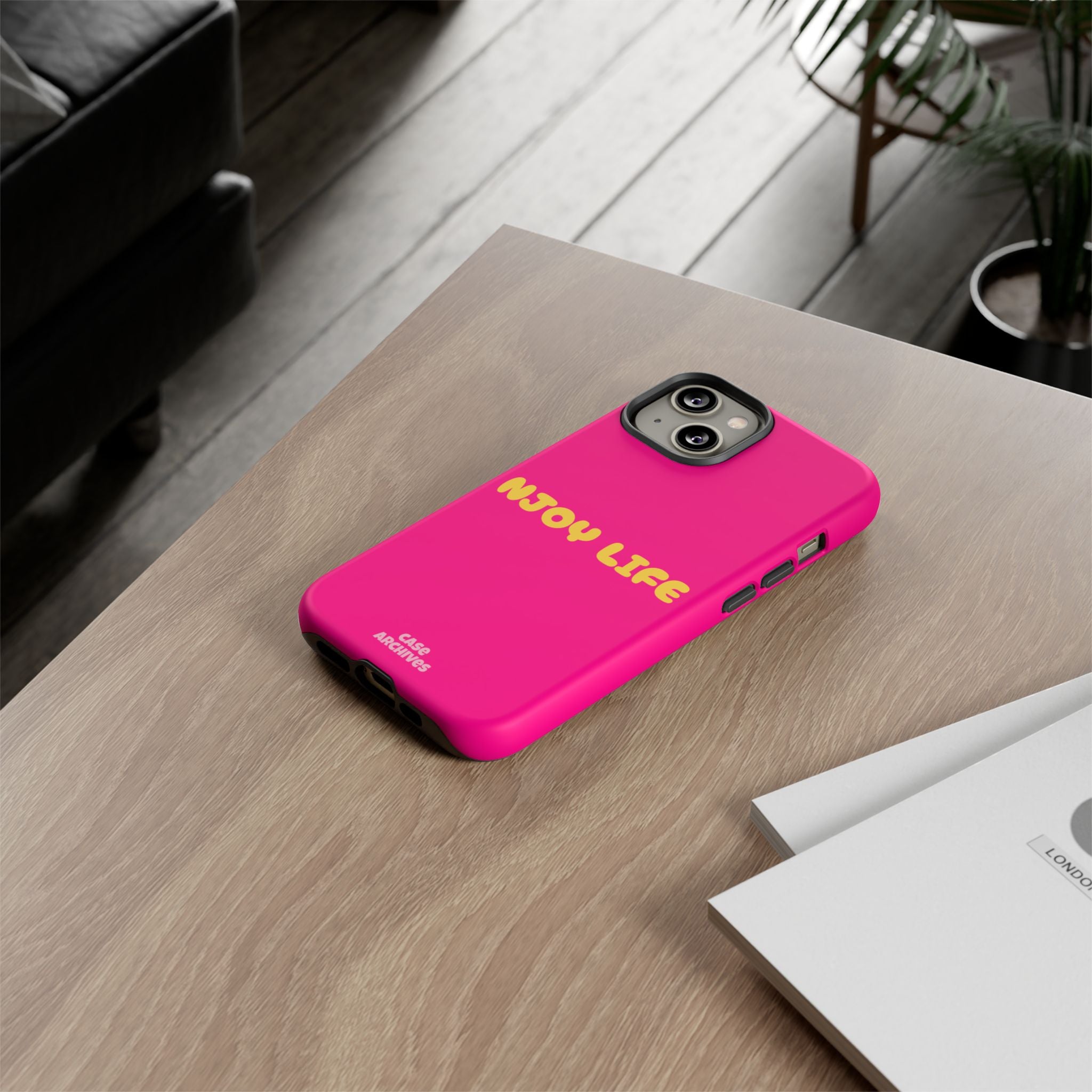 Enjoy Life phone case | tough iPhone case, bright pink, retro yellow text