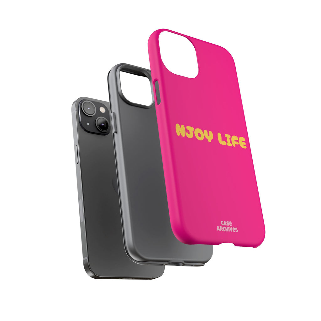 Enjoy Life phone case | tough iPhone case, bright pink, retro yellow text