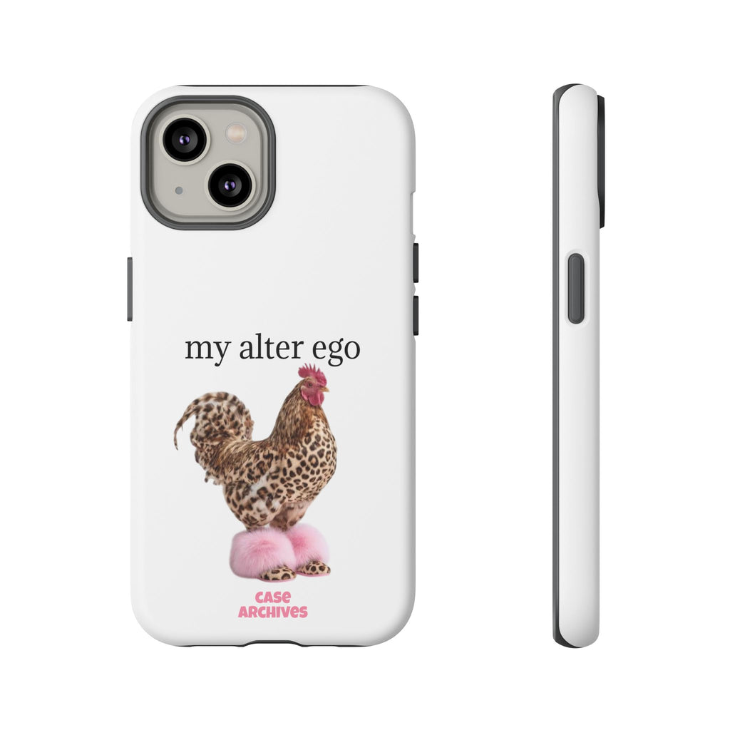 Chicken with style  'My Alter Ego' Tough Phone Case — Funny Leopard Print Rooster on Pink Slippers