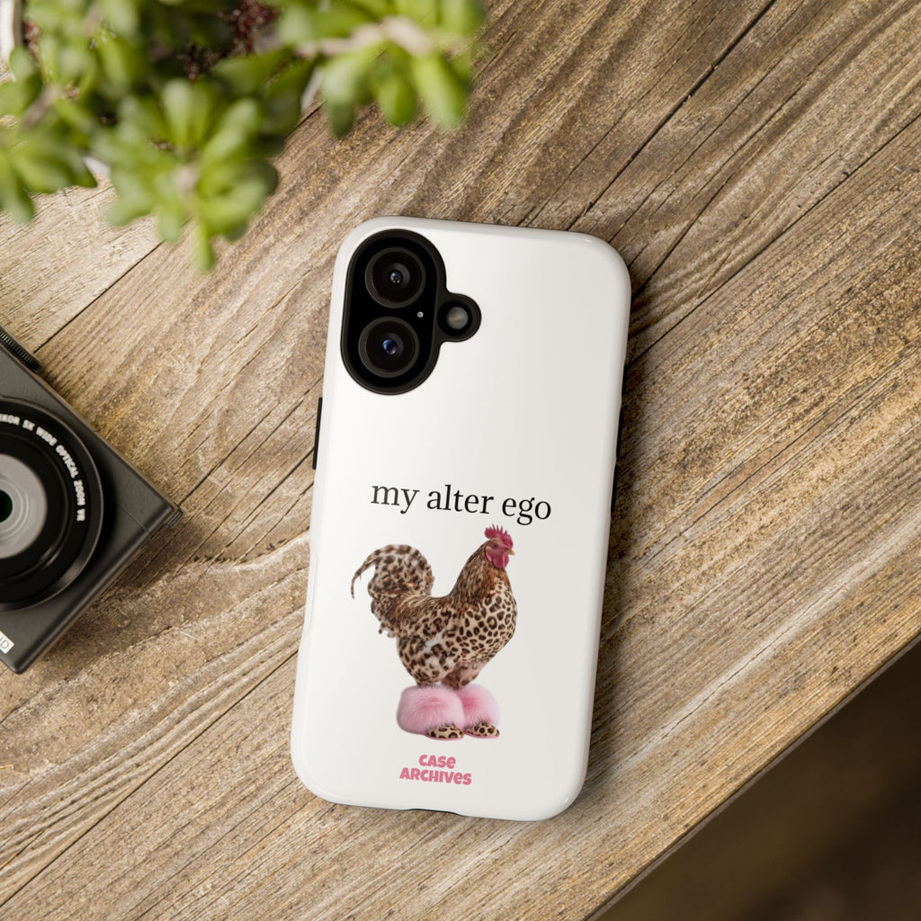 Chicken with style  'My Alter Ego' Tough Phone Case — Funny Leopard Print Rooster on Pink Slippers