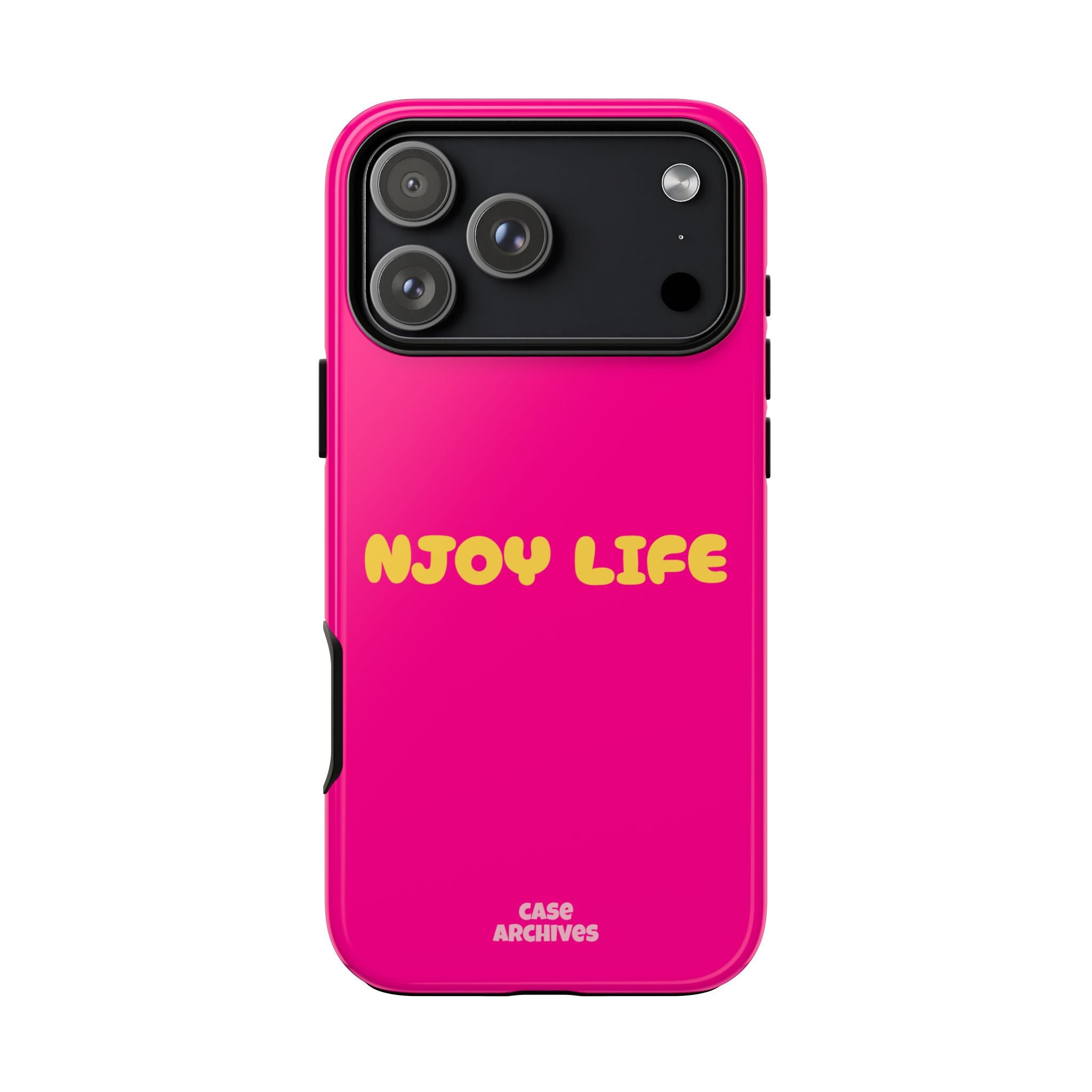 Enjoy Life phone case | tough iPhone case, bright pink, retro yellow text