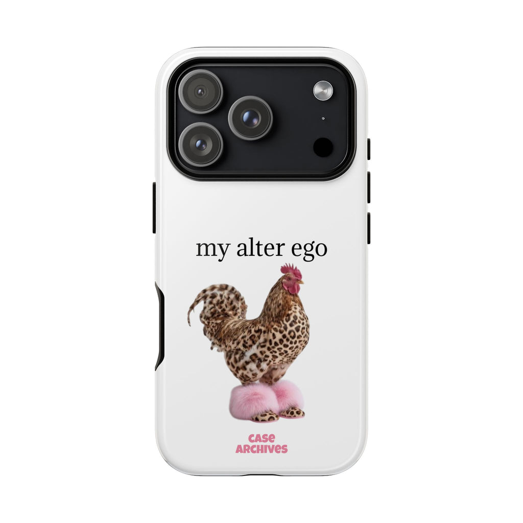 Chicken with style  'My Alter Ego' Tough Phone Case — Funny Leopard Print Rooster on Pink Slippers
