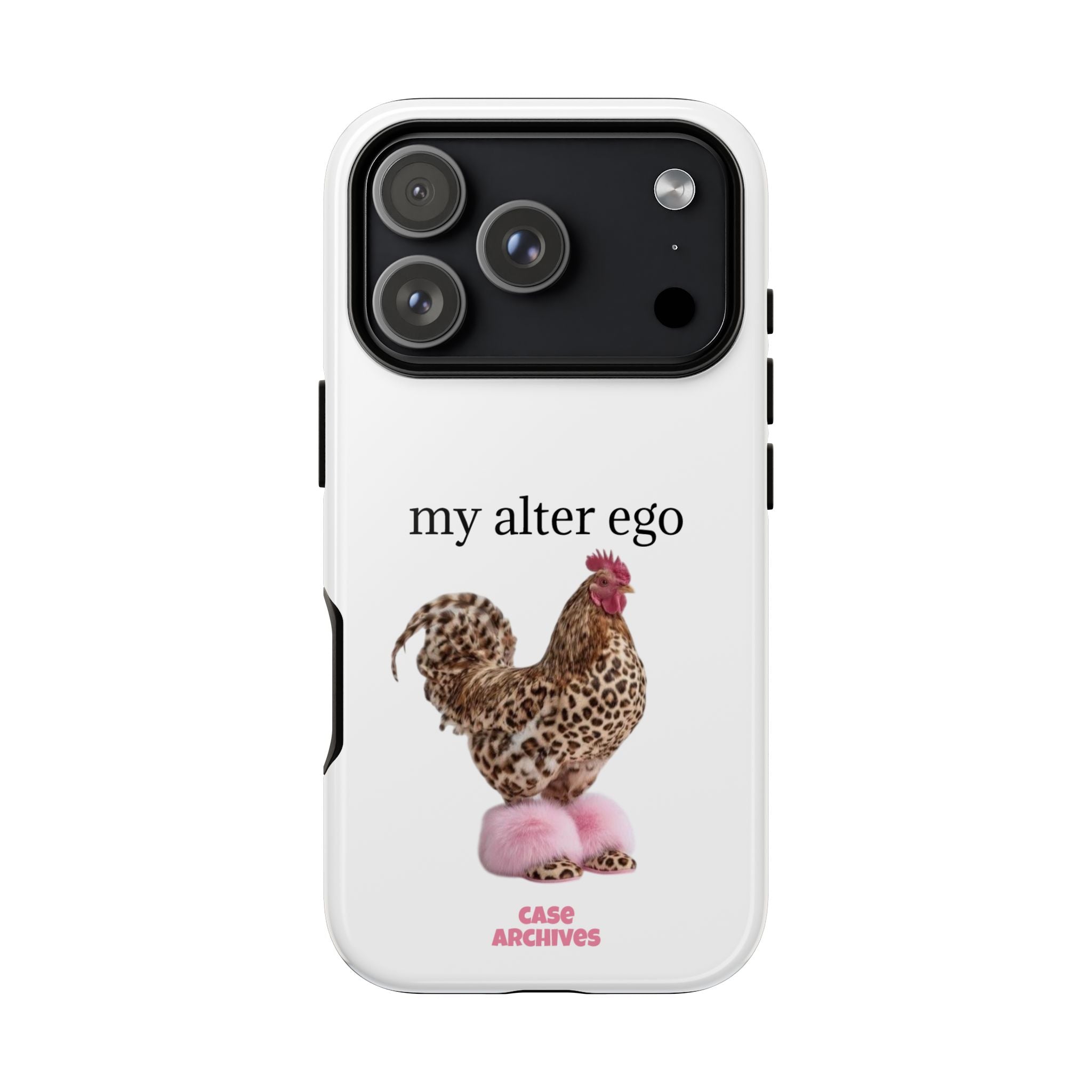 Chicken with style  'My Alter Ego' Tough Phone Case — Funny Leopard Print Rooster on Pink Slippers
