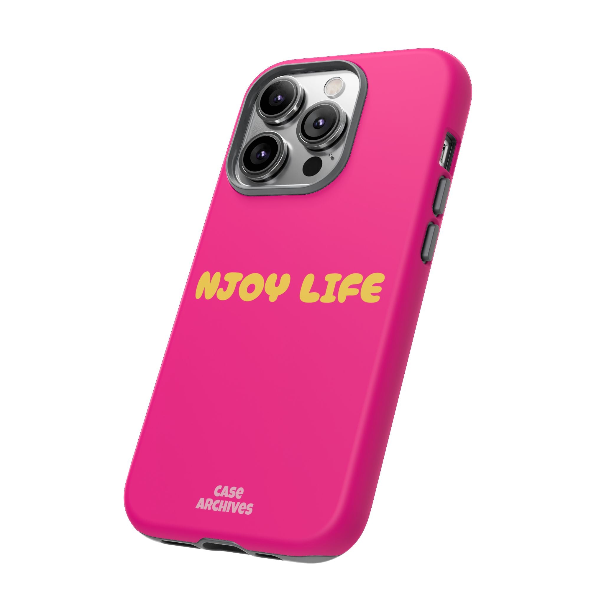 Enjoy Life phone case | tough iPhone case, bright pink, retro yellow text