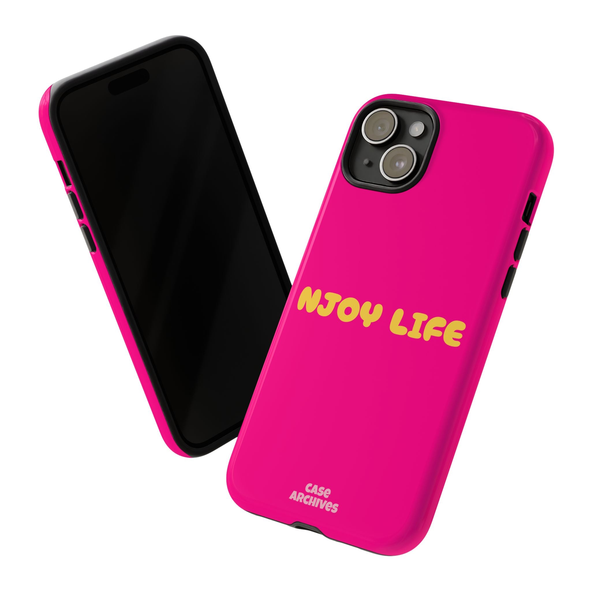 Enjoy Life phone case | tough iPhone case, bright pink, retro yellow text
