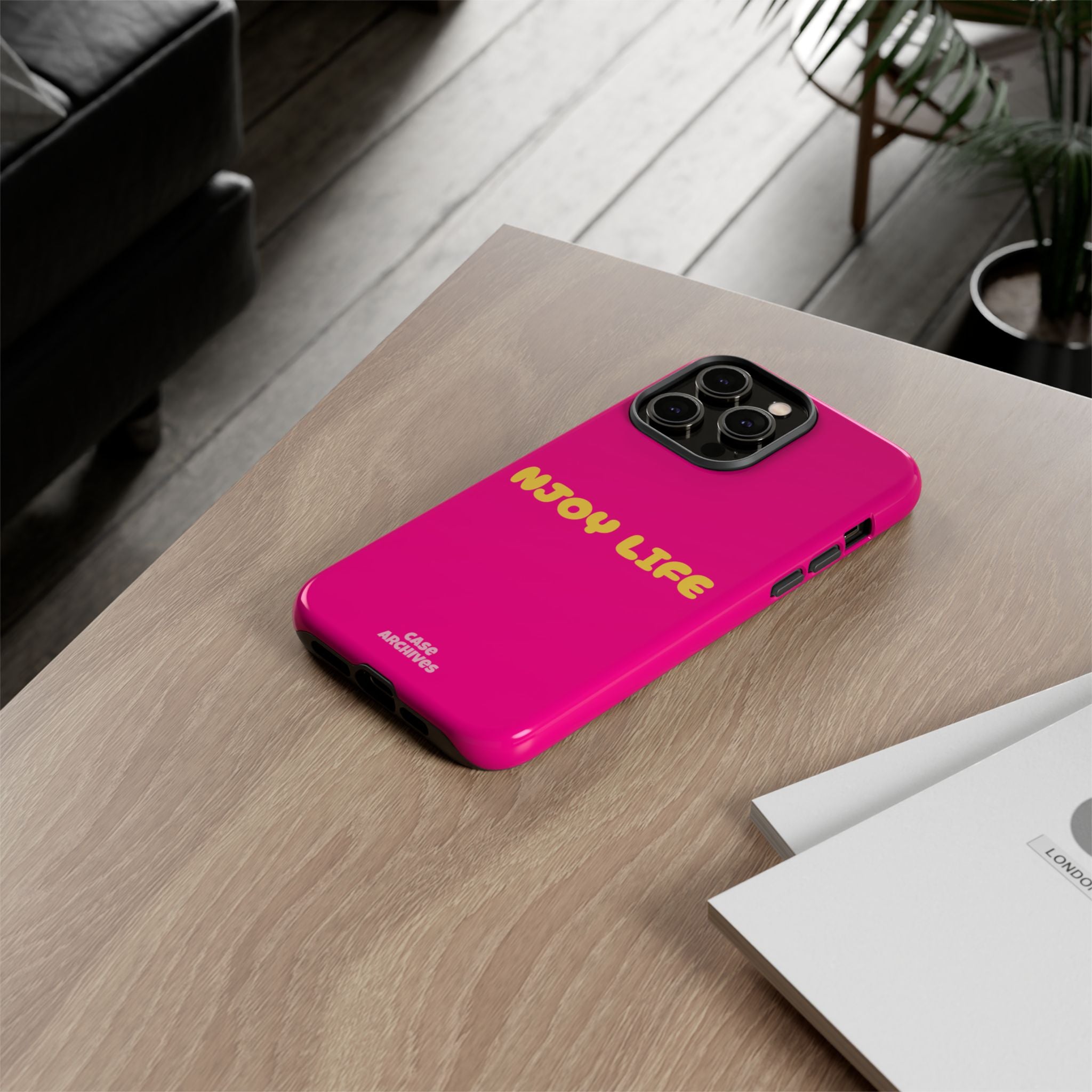Enjoy Life phone case | tough iPhone case, bright pink, retro yellow text