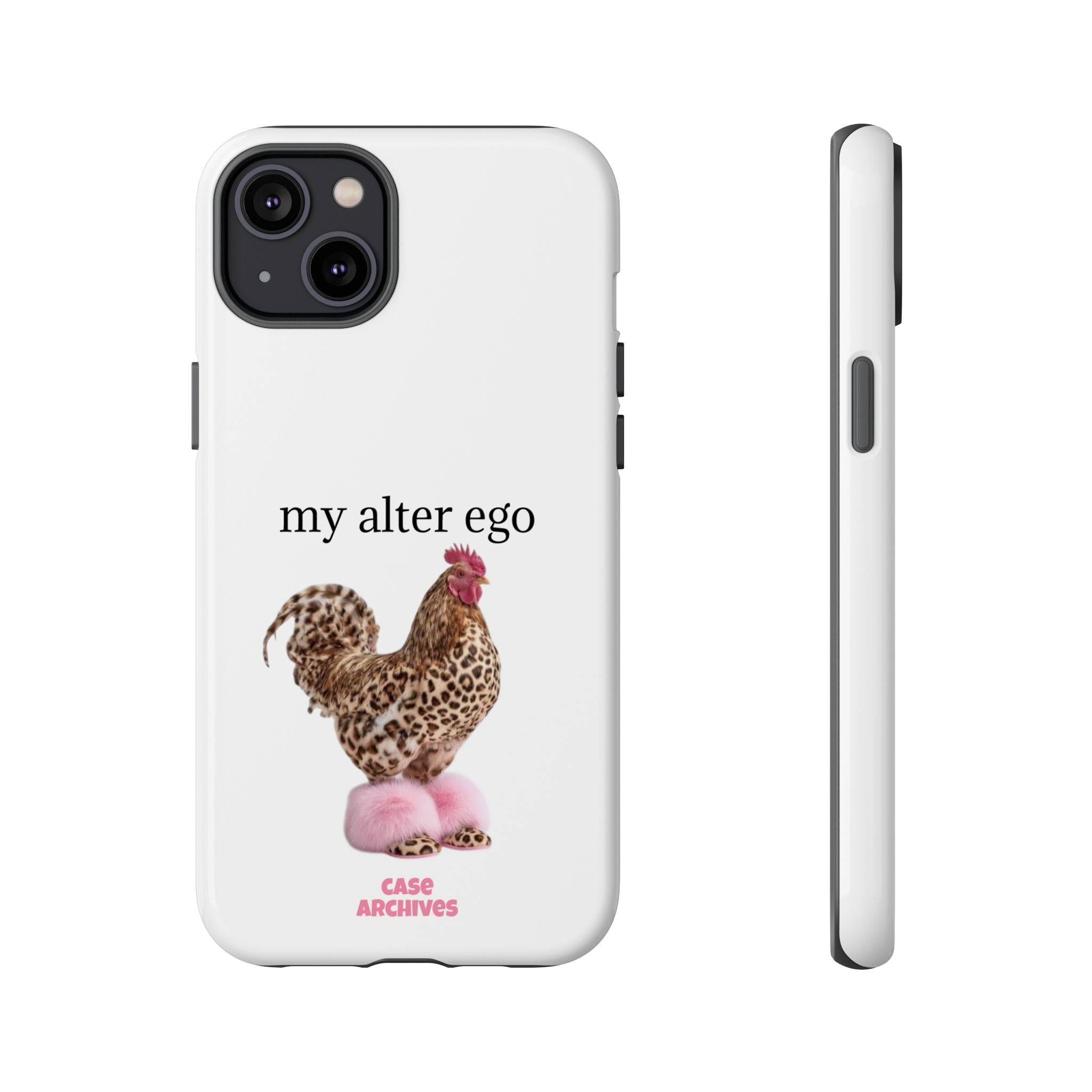 Chicken with style  'My Alter Ego' Tough Phone Case — Funny Leopard Print Rooster on Pink Slippers