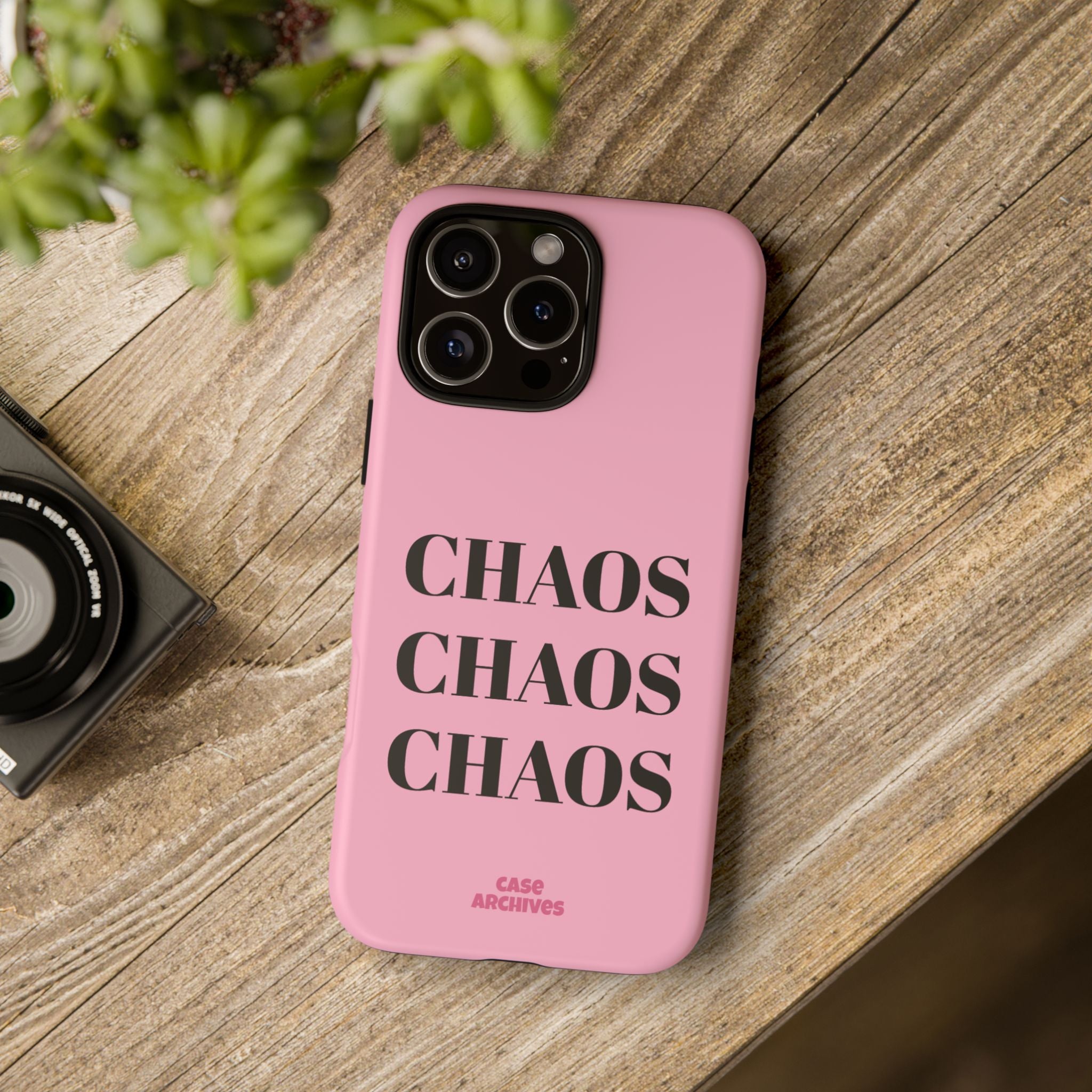 Pink "CHAOS" Phone Case — Bold Text Protective iPhone Cover