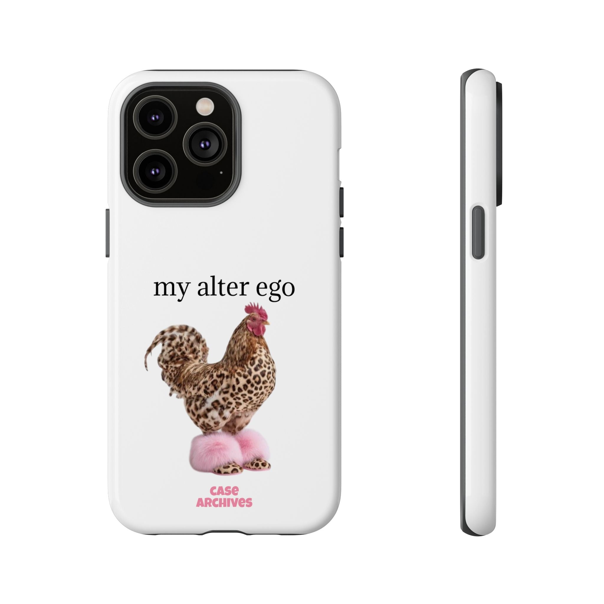 Chicken with style  'My Alter Ego' Tough Phone Case — Funny Leopard Print Rooster on Pink Slippers