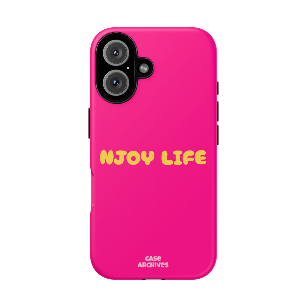 Enjoy Life phone case | tough iPhone case, bright pink, retro yellow text