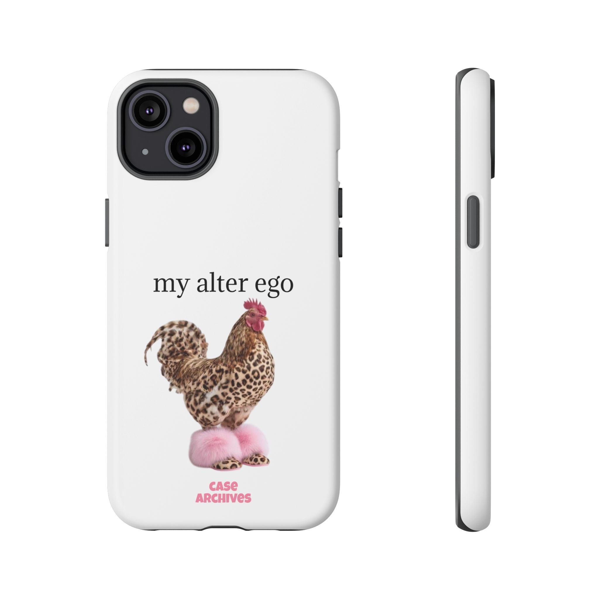 Chicken with style  'My Alter Ego' Tough Phone Case — Funny Leopard Print Rooster on Pink Slippers