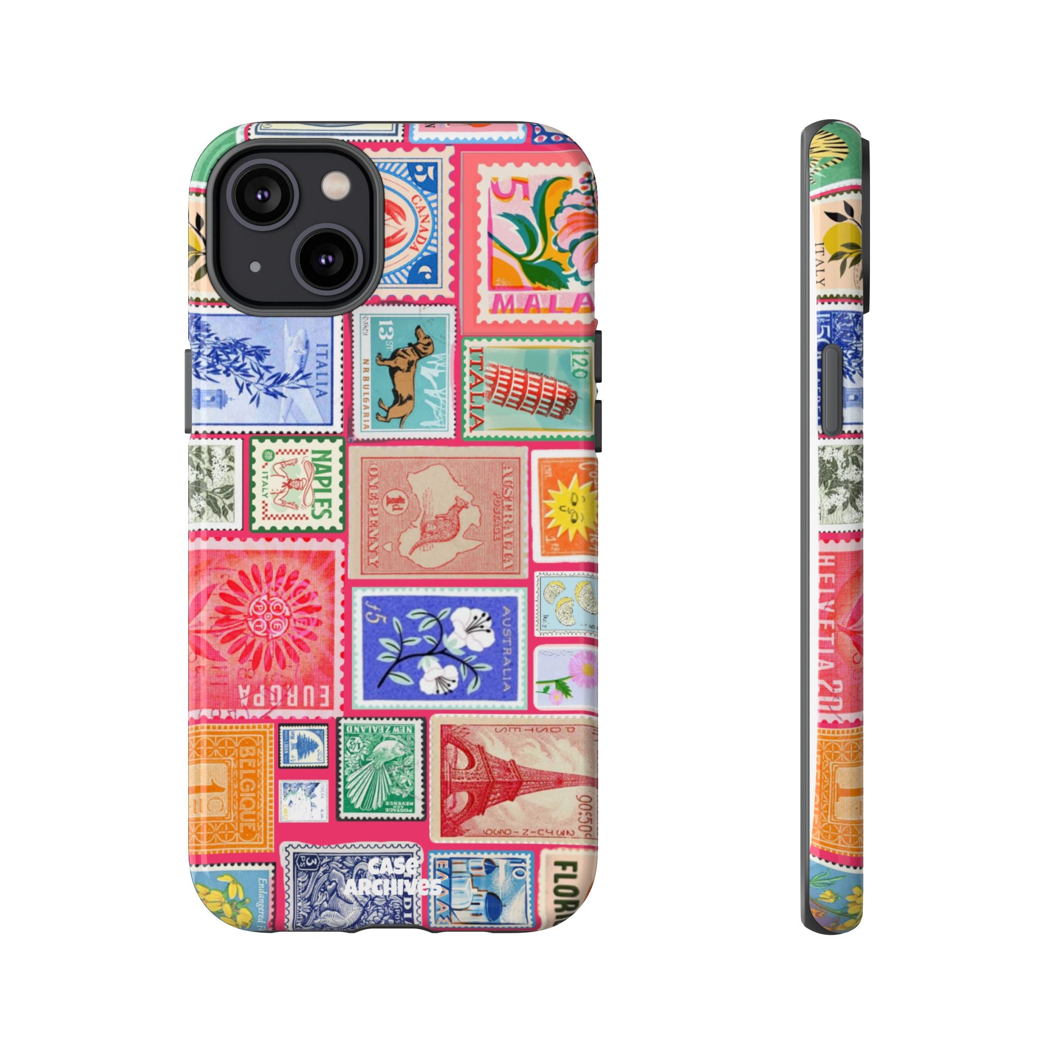 Vintage Stamp Collage Phone Case — Colorful Retro Postage Design