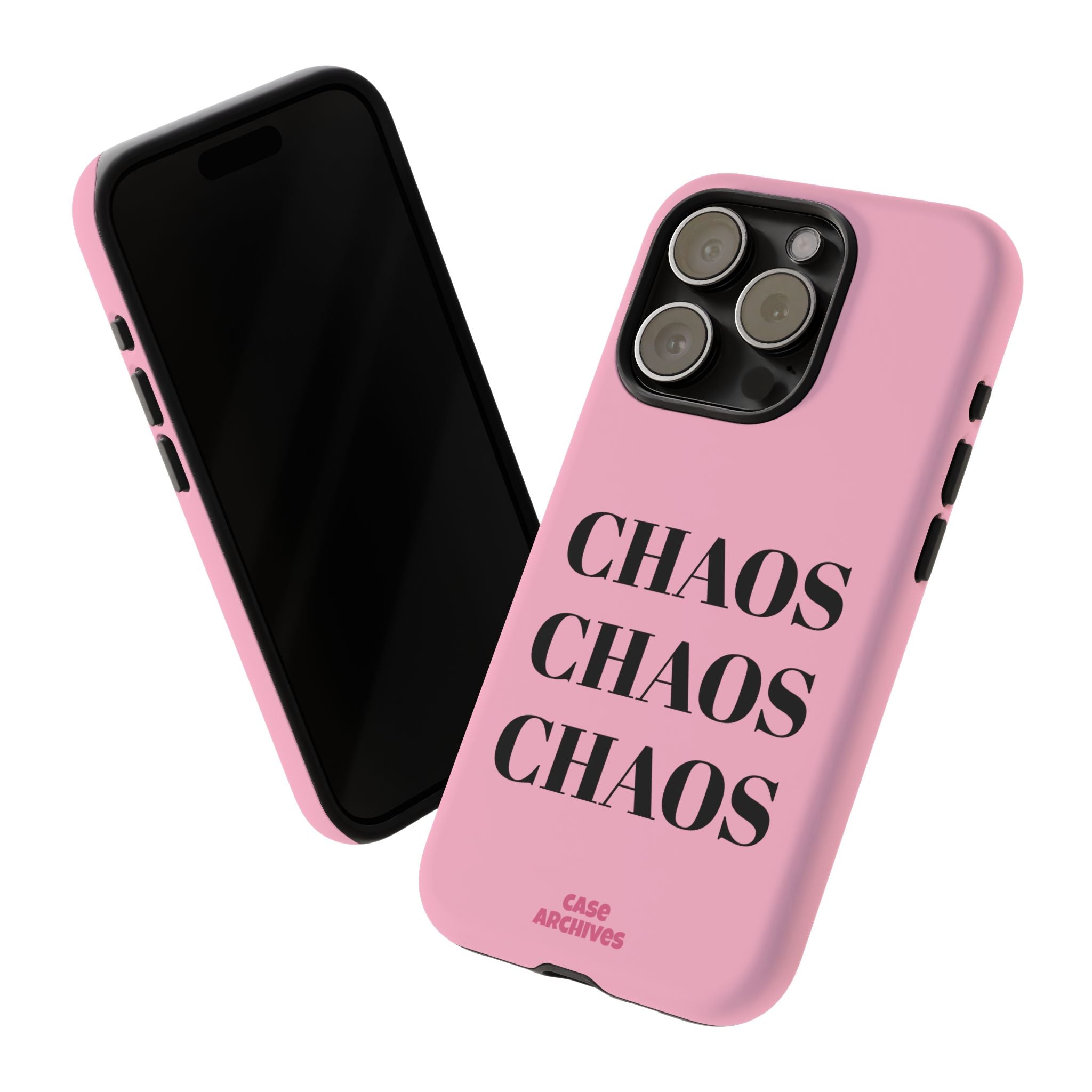Pink "CHAOS" Phone Case — Bold Text Protective iPhone Cover