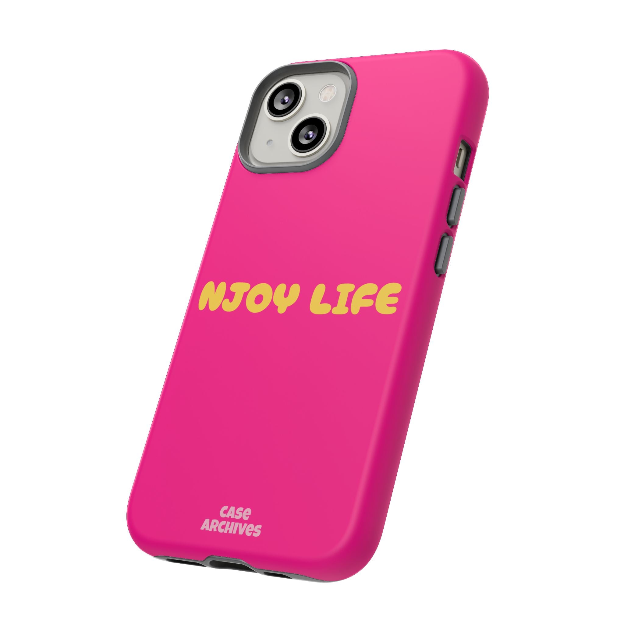 Enjoy Life phone case | tough iPhone case, bright pink, retro yellow text