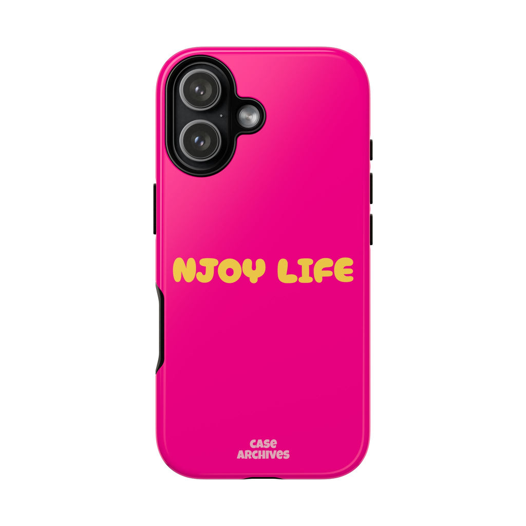 Enjoy Life phone case | tough iPhone case, bright pink, retro yellow text