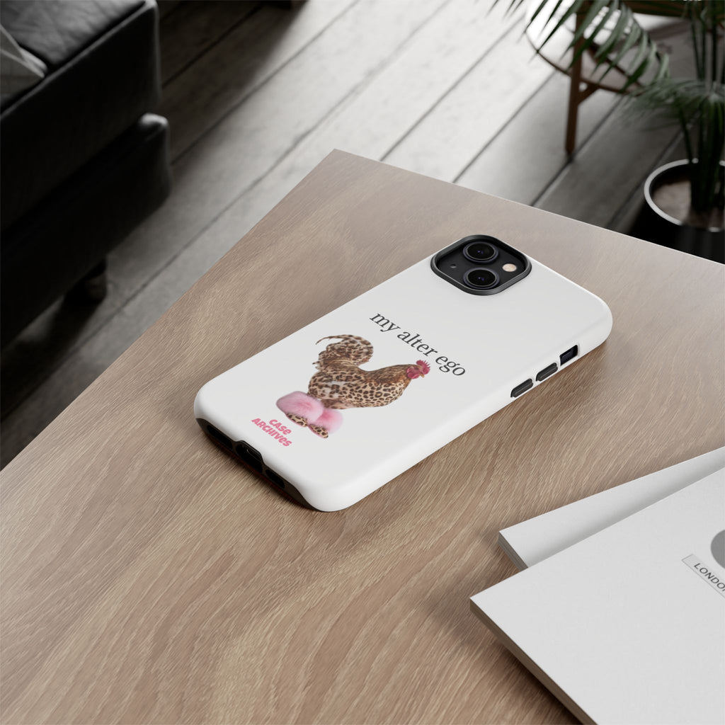 Chicken with style  'My Alter Ego' Tough Phone Case — Funny Leopard Print Rooster on Pink Slippers