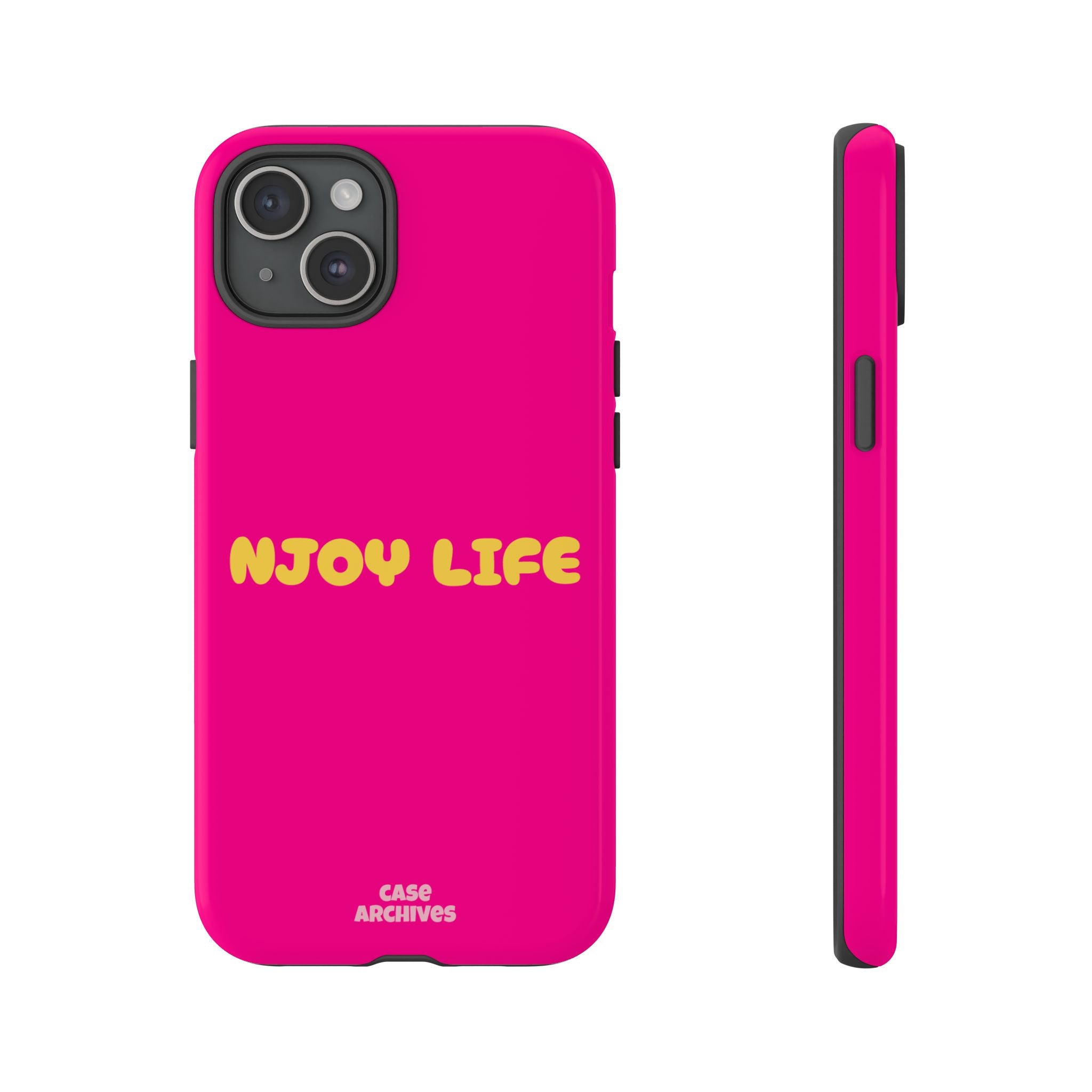 Enjoy Life phone case | tough iPhone case, bright pink, retro yellow text