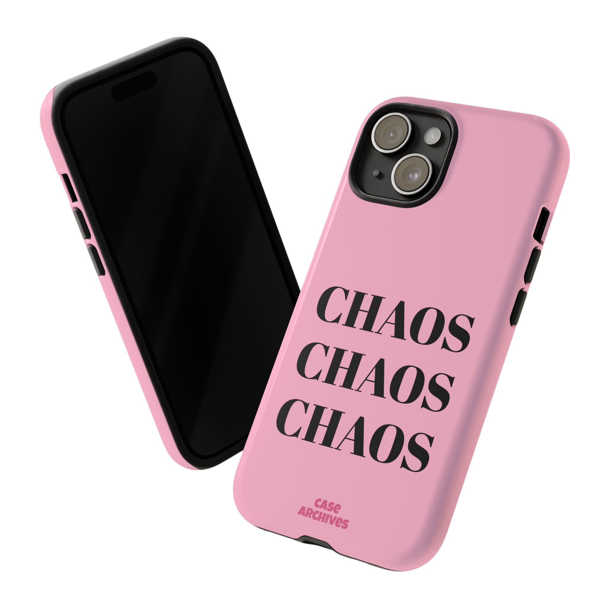 Pink "CHAOS" Phone Case — Bold Text Protective iPhone Cover