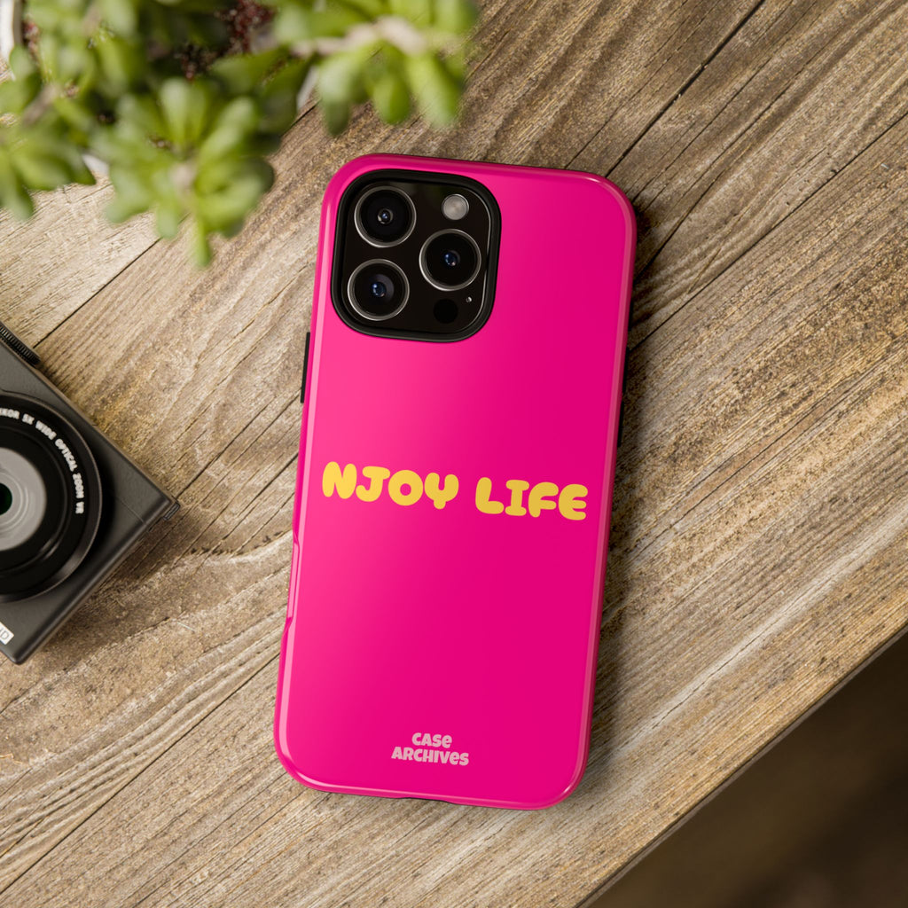 Enjoy Life phone case | tough iPhone case, bright pink, retro yellow text