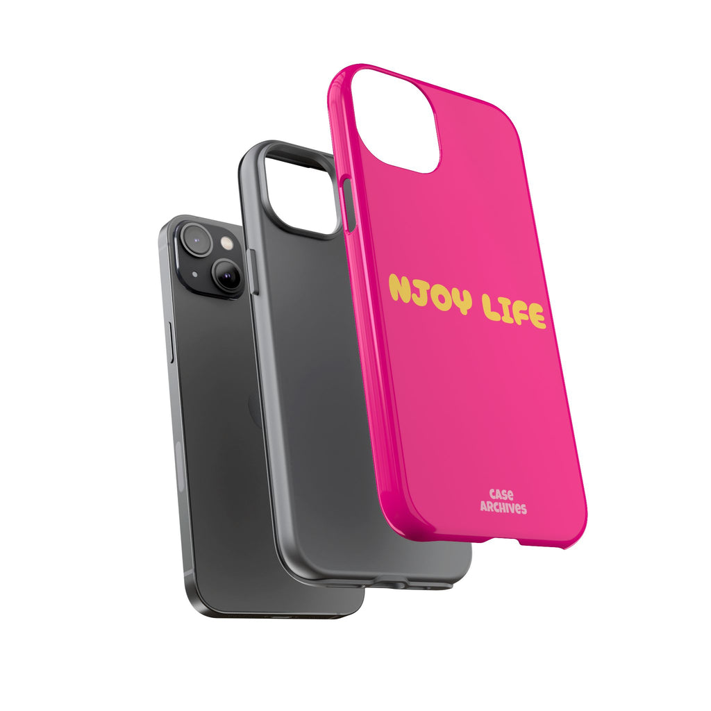 Enjoy Life phone case | tough iPhone case, bright pink, retro yellow text