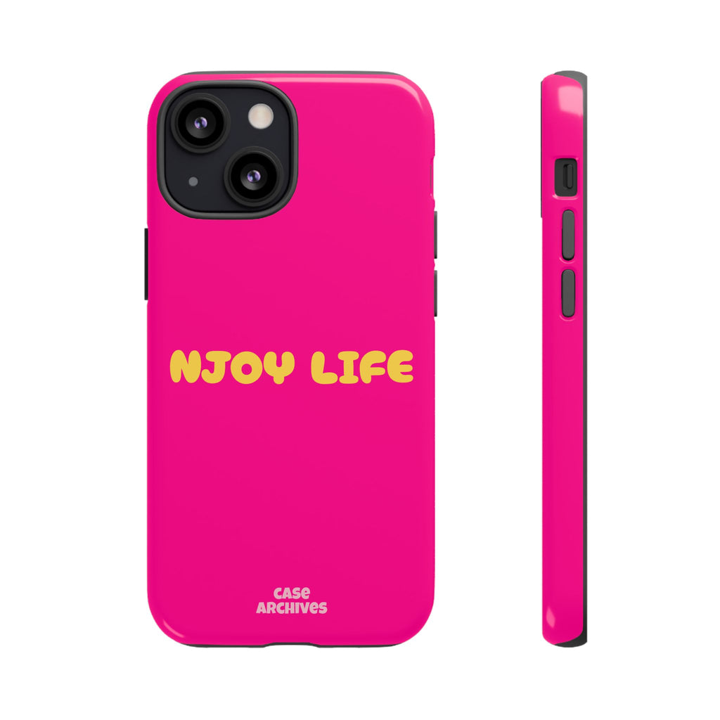 Enjoy Life phone case | tough iPhone case, bright pink, retro yellow text