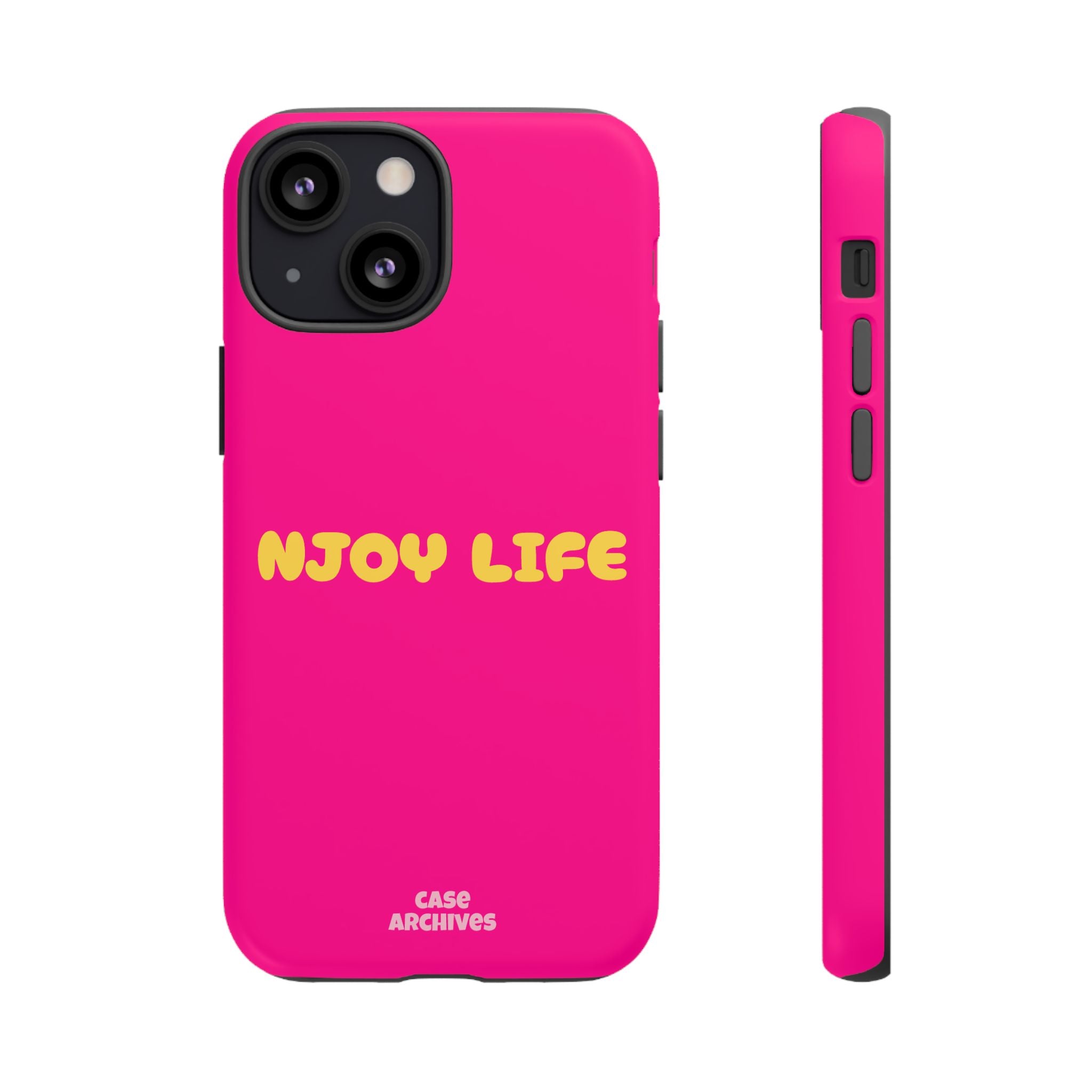 Enjoy Life phone case | tough iPhone case, bright pink, retro yellow text