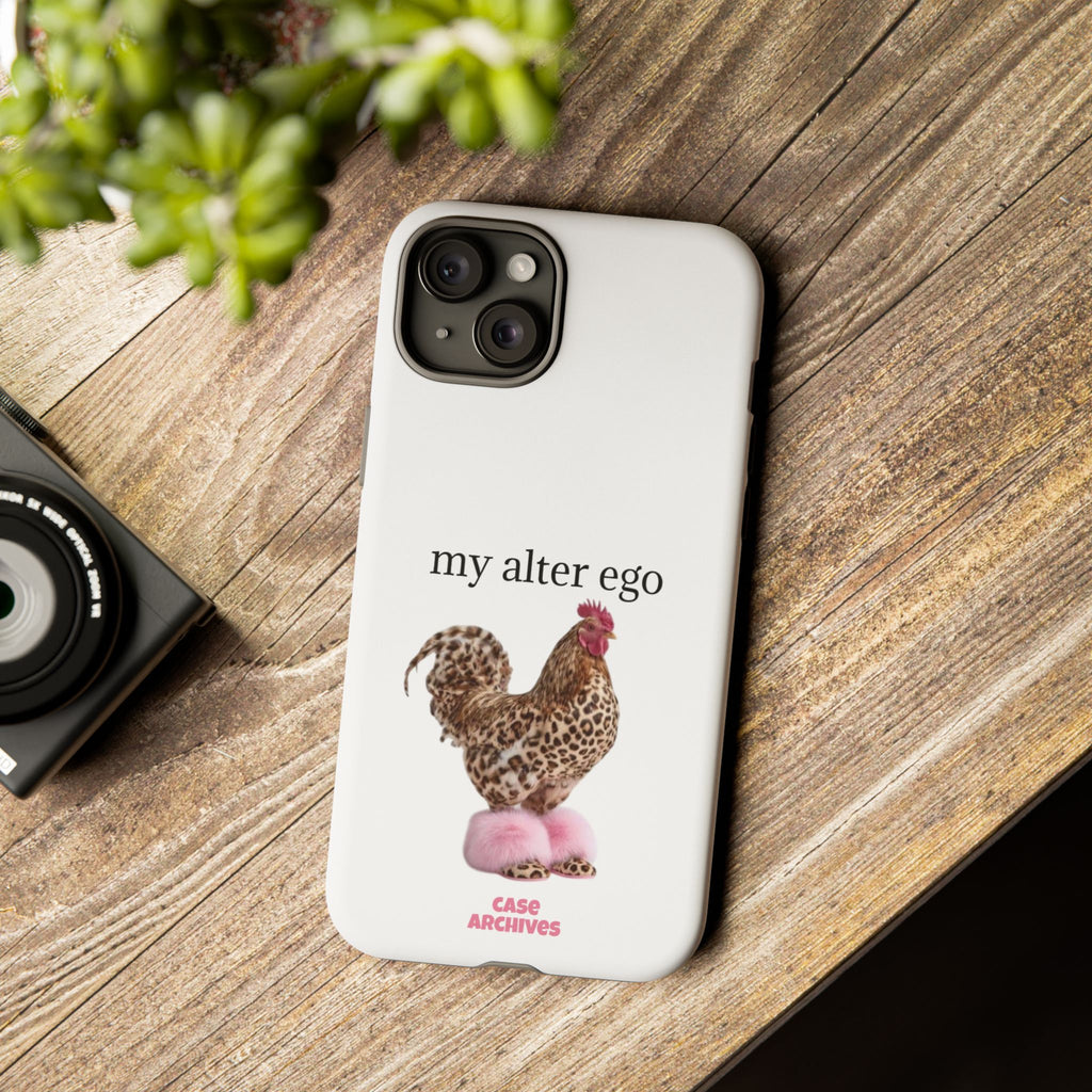 Chicken with style  'My Alter Ego' Tough Phone Case — Funny Leopard Print Rooster on Pink Slippers