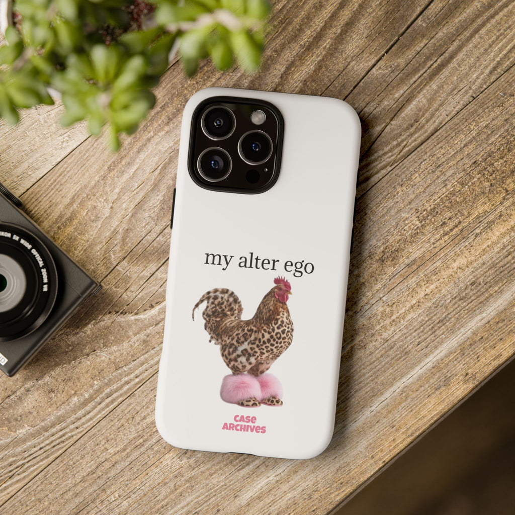 Chicken with style  'My Alter Ego' Tough Phone Case — Funny Leopard Print Rooster on Pink Slippers