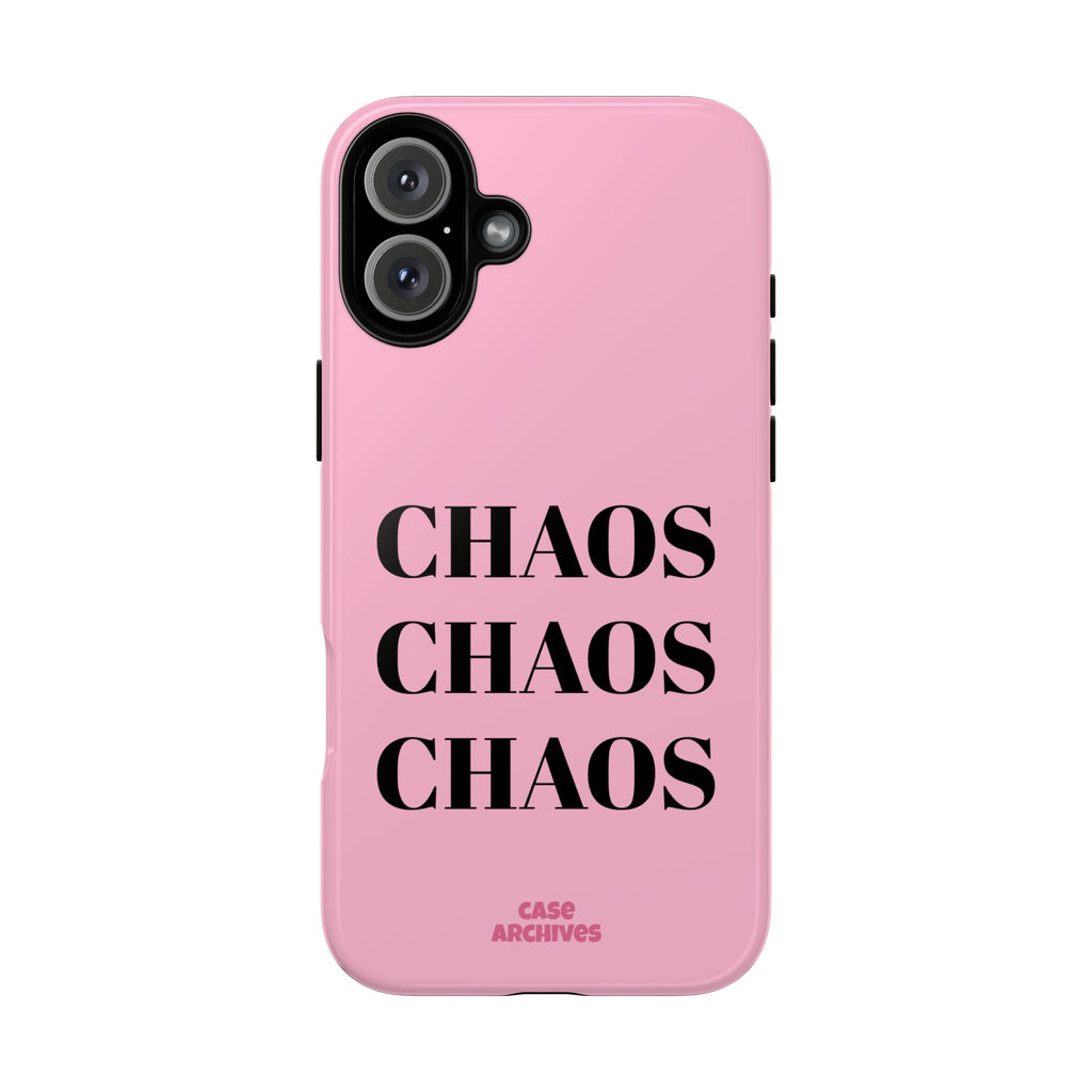 Pink "CHAOS" Phone Case — Bold Text Protective iPhone Cover
