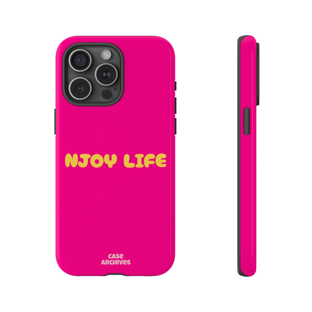 Enjoy Life phone case | tough iPhone case, bright pink, retro yellow text