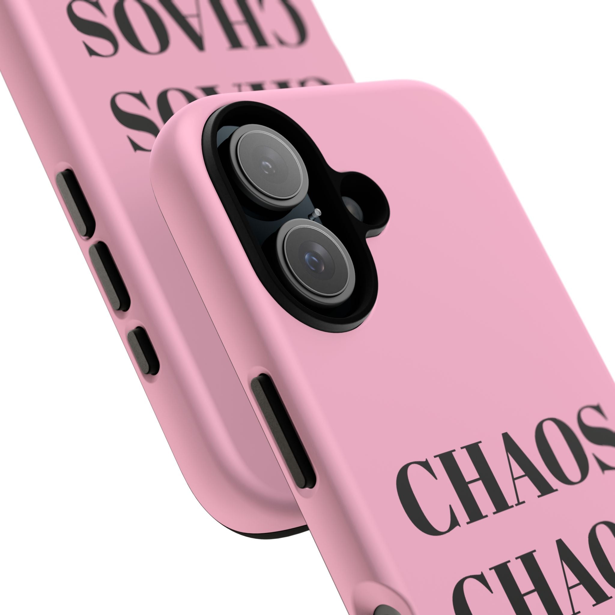 Pink "CHAOS" Phone Case — Bold Text Protective iPhone Cover