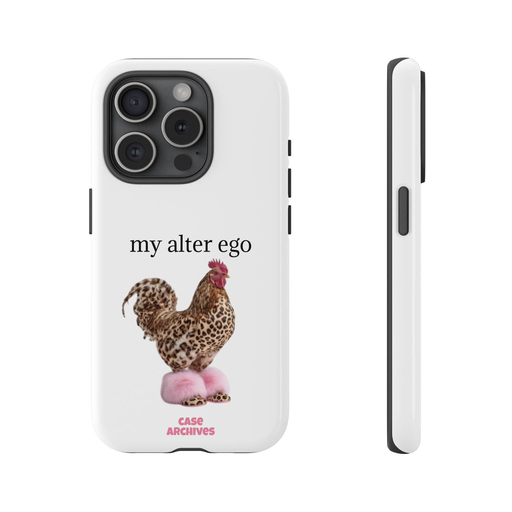 Chicken with style  'My Alter Ego' Tough Phone Case — Funny Leopard Print Rooster on Pink Slippers