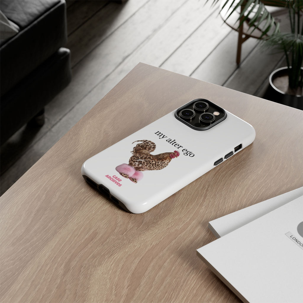 Chicken with style  'My Alter Ego' Tough Phone Case — Funny Leopard Print Rooster on Pink Slippers