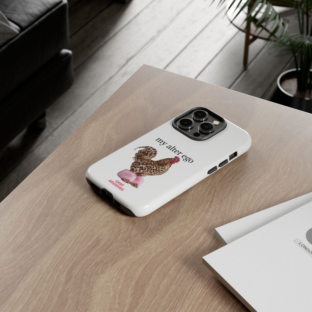 Chicken with style  'My Alter Ego' Tough Phone Case — Funny Leopard Print Rooster on Pink Slippers