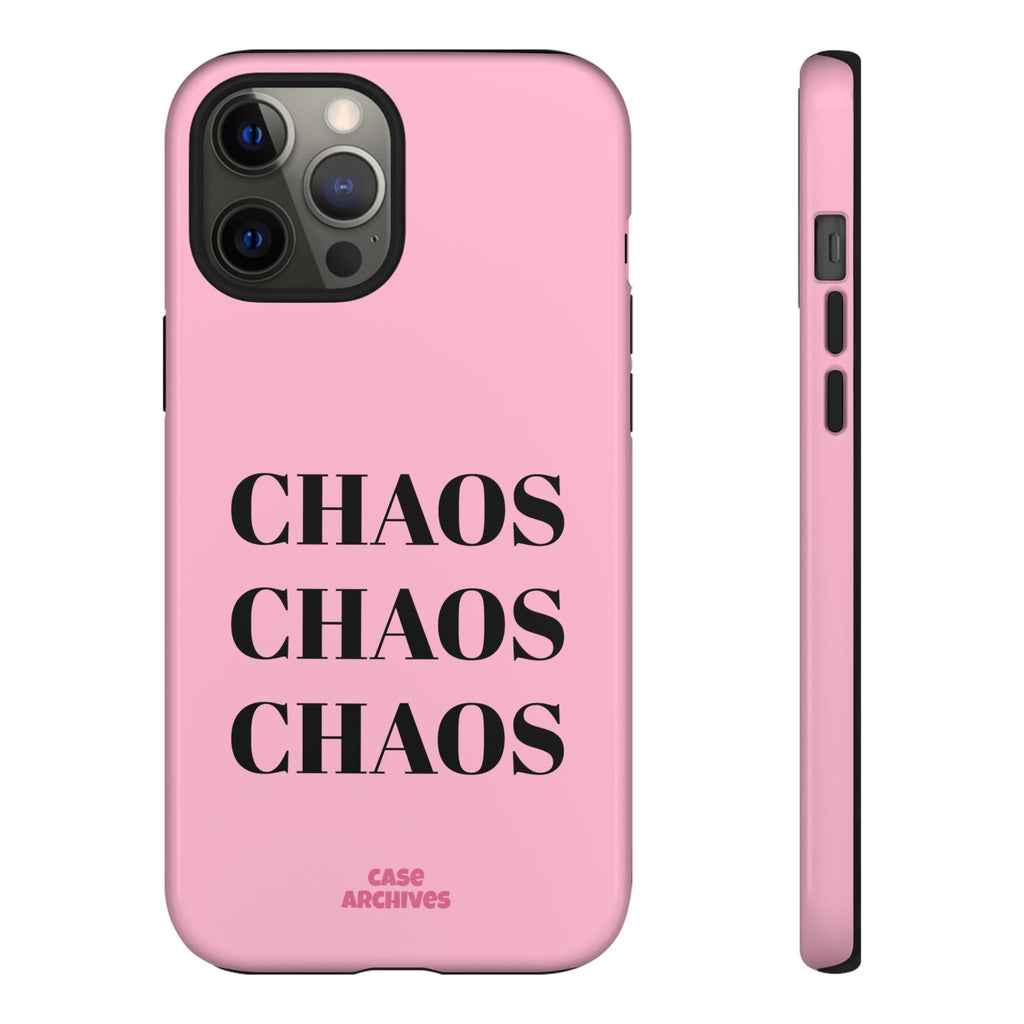Pink "CHAOS" Phone Case — Bold Text Protective iPhone Cover